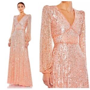 Mac Duggal 5643 Sequin Gown Size 12 Peach V-Neck Bishop Sleeve Formal Dress NWT